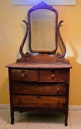 Beautiful Antique Quarter Sawn American Oak Dresser With Attached Carved Vanity Mirror And Decorative Braces