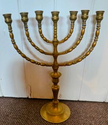 Beautiful Antique Solid Brass Menorah / Seven Candle Holder /Turned Base  Judaica