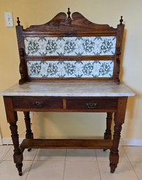 Antique Late 19th Century Victorian Marble Top Oak Washstand With Tile Backsplash