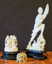 Vintage Chinese Hand Carved Figural Alabaster Miniature Sculptures - 2 With Rosewood Bases