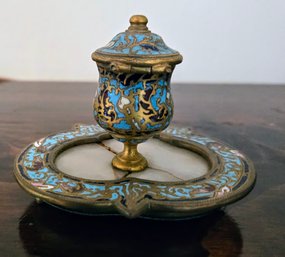 Antique French 19th Century Inkwell With Stunning Champleve Cloisonne Enamel Inlay