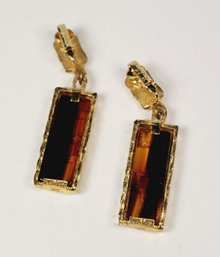 Vintage Gold Tone Hanging Dangle Earrings PARK LANE Stained Brown Glass