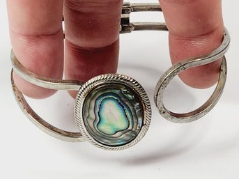 Vintage Silver Tone Abalone Inlay Hinged Bangle Bracelet