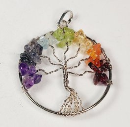 Chakra Stones Tree Of Life Round Pendant - Amethyst, Carnelian, Peridot, Citrine, Garnet, Iolite, Aquamarine