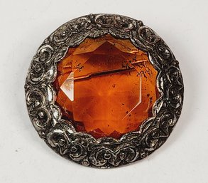 Vintage Art Deco Orange Round Silver Tone Pin /  Brooch