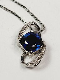 Beautiful Sterling Silver Box Chain Link Necklace With Electric Blue Stone Modern Design Pendant