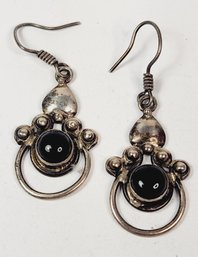 Vintage Sterling Silver Hanging Dangle Onyx Stone Earrings