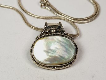 Vintage Sterling Silver Mother Of Pearl Large Abalone Pendant And Necklace