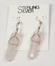 NEW Rose Quartz Crystal Dangle  Gemstone Sterling Silver Wire Wrapped Earrings