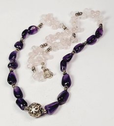 Sterling Silver AMETHYST And Rose Quartz Beaded Necklace