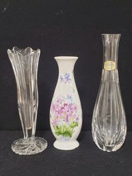 Trio Of Vintage Porcelain , Crystal & Glass Bud Vases Including Atlantis