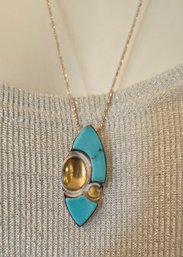 Sterling Jay King DTR Turquoise And Amber Quartz Pendant Necklace On A Delicate Gold Chain