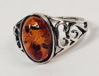 Wow....New Sterling Silver AMBER (Lots Of Fossils) Stone  Ring