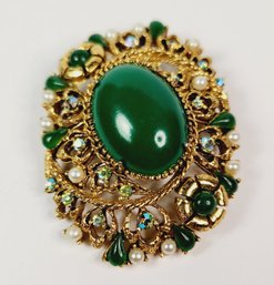 Retro Florenza Large Green Cabochon Brooch Gold Tone Filigree Pin