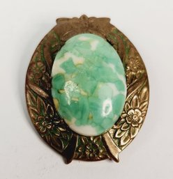 Antique Green Stone Victorian Flower Design Brooch Pin