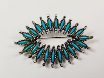 Vintage Silver Tone Faux Turquoise Petite Point Brooch Pin