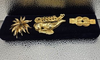 3 Vintage Brooch Pins In Gold Finish - Reindeer, Knot & Flower