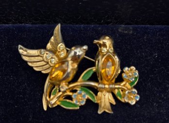 Vintage 1948  Coro Signed Love Birds Pin Adorned With Pretty Enamel And Amber Crystal Gemstones