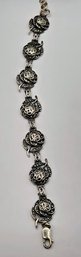 Pretty Sterling Silver & Marcasite 3-dimensional Rose Flower Link Bracelet With Hematite Accents