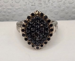 Vintage Sterling And Faceted Black Spinel Cluster Ring With Accent Stones  - Size 9