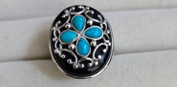 Vintage Sterling Ring With Black Onyx And Turquoise And Lovely Scrollwork In Size 6