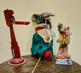 3-piece Antique Collectable Items! Tin Railroad Sign, Italian Clown Statue & Baba Yaga Kitchen Witch