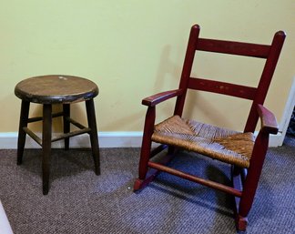 Antique Shaker Child's Ladder Back Chair With Stenciling Paired With A Cute Little Antique Wooden Stool