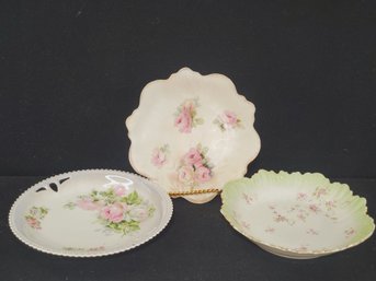 Three Antique Hand Painted Porcelain Serving Cake Plates & Bowl - RS Prussia, PK Silesia