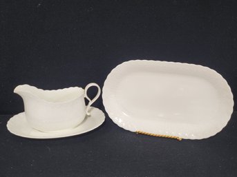 Vintage Mikasa White Silk Bone China Gravy Boat & Oval Small Platter