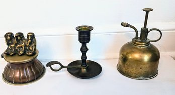 Brass Decor Items - Copper Inkwell, Candlestick, Hear/see/speak Monkey Paperweight & Pump Sprayeratomizer