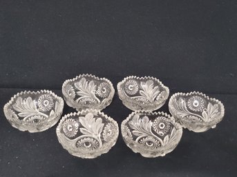 Set Of Six Vintage Cut Glass Small Sawtooth Edge Nut Candy Bowls