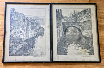 2 Framed Antique Saarburg, Germany Etchings - Banks Of The River Saar