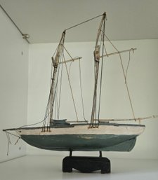 Early Antique Miniature Model Of A New England Schooner Ship On Mounted Block