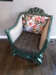 Custom Upholstered Green Wood Multi Pattern Side Chair