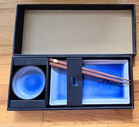 Boxed Authentic Japanese Sushi Set With Rosewood Chopsticks And Blue Glazed Plate And Soy Sauce Bowl