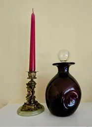 Brass Candlestick Holder /Cherub Design / Marble Base -Hollywood Regency 1930s,  & Glass Bottle - Ruby Or Blac