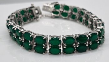 Green Onyx Double Row Tennis Bracelet In Platinum Over Sterling