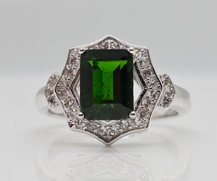 Emerald Cut Chrome Diopside, White Zircon, Rhodium Over Sterling Ring