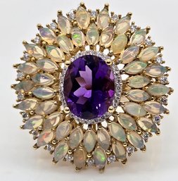 Premium Amethyst, Ethiopian Welo Opal Ring In Yellow Gold Over Sterling