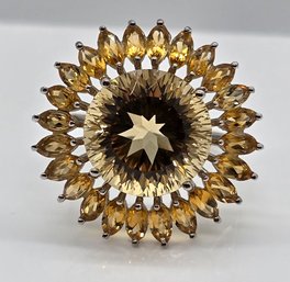 Brazilian Citrine 120 Facets Sunflower Ring In Platinum Over Sterling