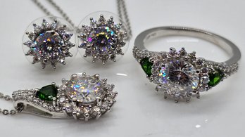 Moissanite, Chrome Diopside Stud Earrings, Ring & Pendant Necklace Set In Platinum Over Sterling