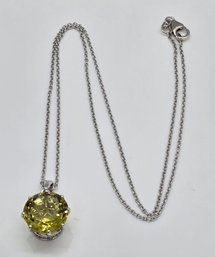 Brazilian Green Gold Quartz, White Zircon Pendant Necklace In Platinum Over Sterling