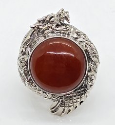 Bali, Red Jade Dragon Ring In Sterling