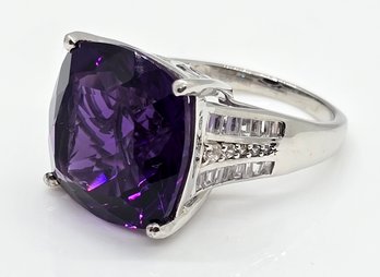 AAA African Amethyst, White Zircon Ring In Platinum Over Sterling