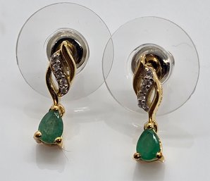 Zambian Emerald, White Zircon Earrings In Yellow Gold Over Sterling