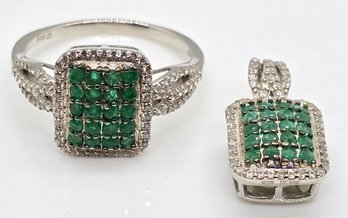 Zambian Emerald, White Zircon Ring & Pendant In Platinum Over Sterling