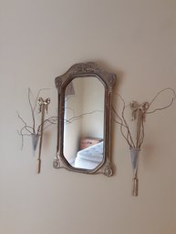 Gold Leaf Mirror & Bow Sconces Set