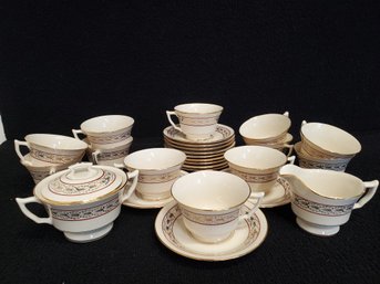 Twelve Vintage Atlas China 22K Pattern ATS32 Gold Leaves Maroon Band -cups, Saucers, Sugar Bowl & Creamer