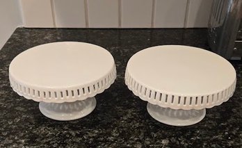 Pair Of Heirloom Collection Porcelain Footed Cake Plates With Draped Punch Cut Edge