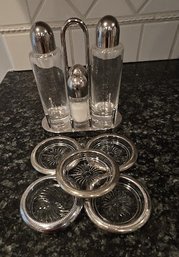 Mid-century Cut Glass Coasters And Salt & Pepper Caddy